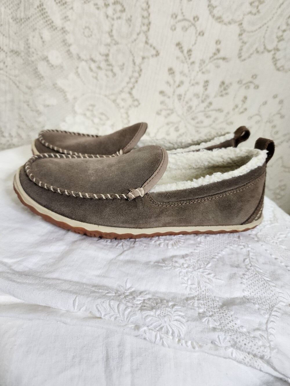 L.L. Bean Women's Suede Moccasin Slippers - Taupe with Cream Lining